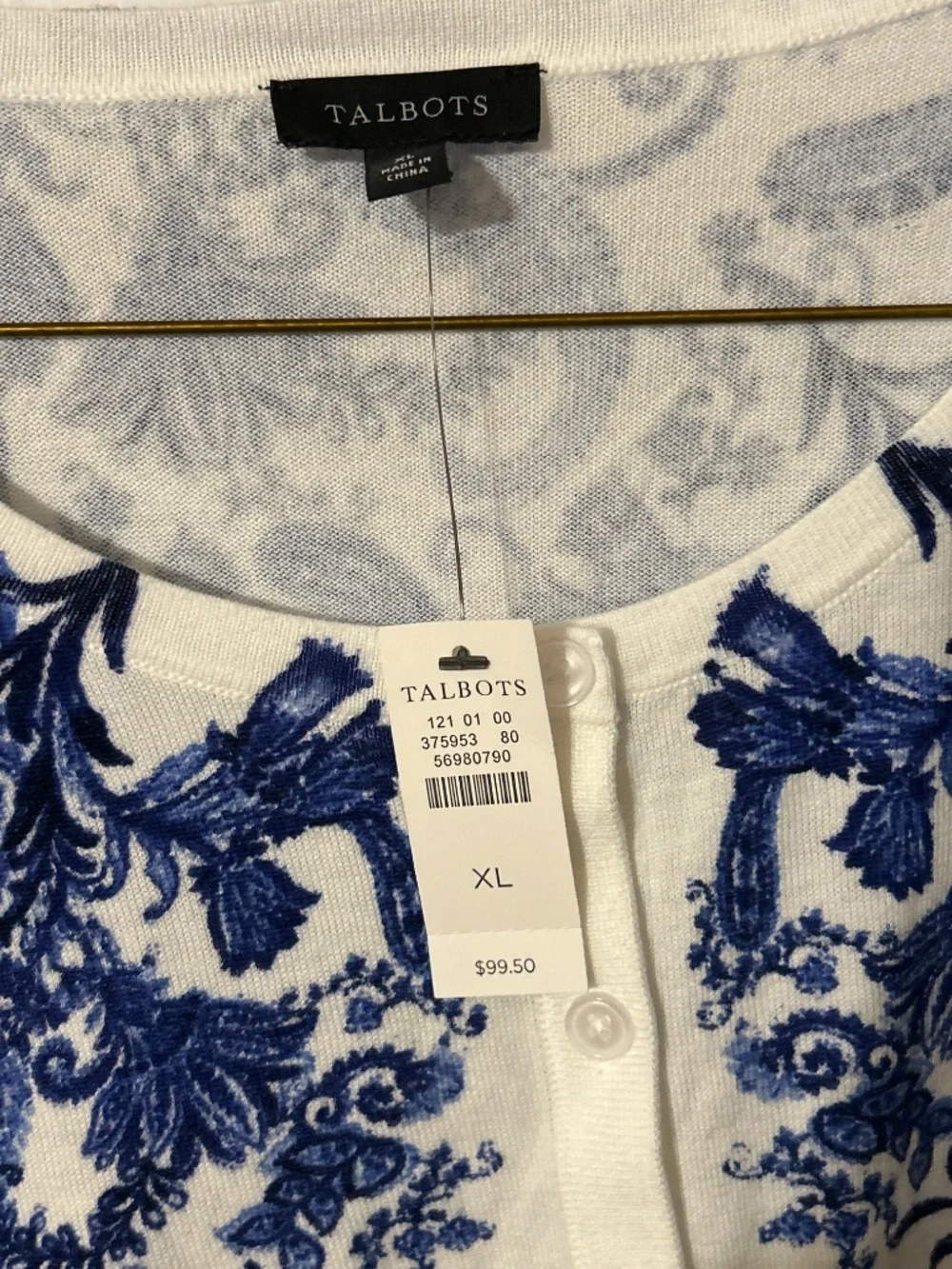 Talbots cardigan sweater cream blue paisley NEW XL